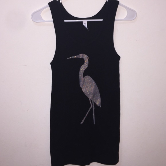Bella Rene Tops - Black Tank Top with Iridescent Silver Crane Bella Rene Tops - Black Tank Top with Iridescent Silver Crane